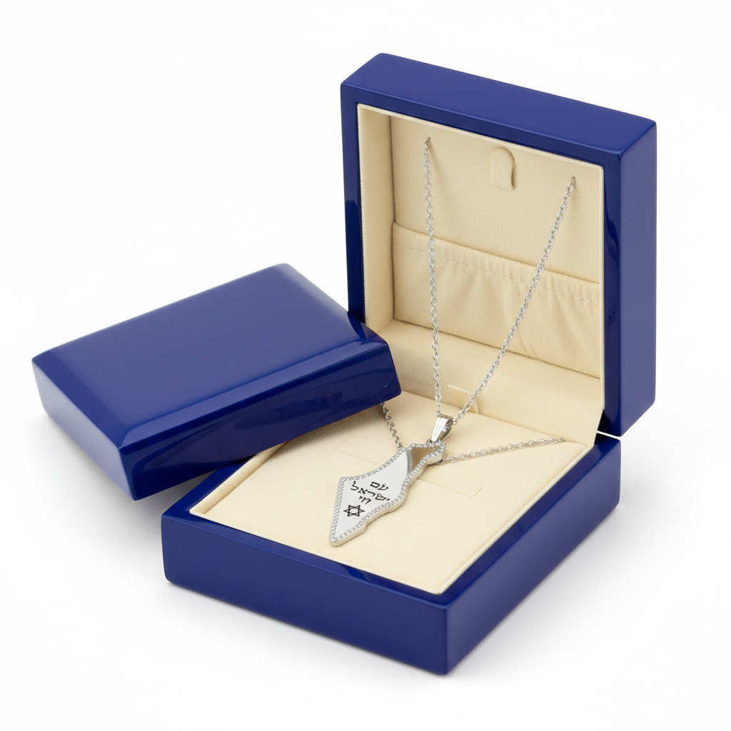 14k Diamond Israel Map Necklace in Royal Blue Box