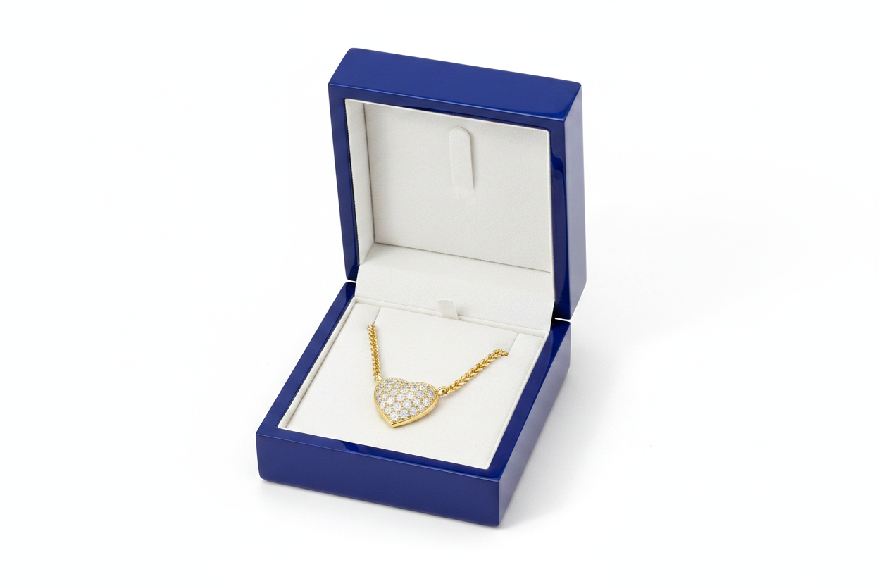 14k Diamond Puffed Heart Necklace in Royal Blue Wooden Box