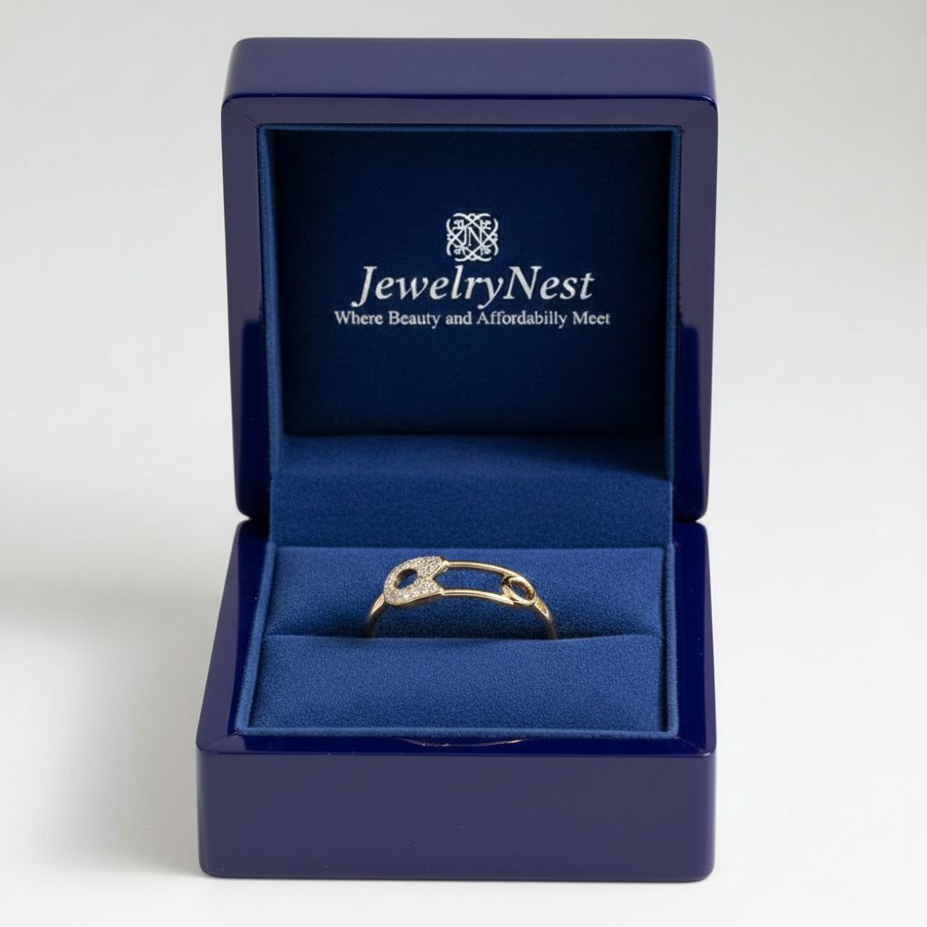 14k Diamond Safety Pin Band – Royal Blue Wooden Box