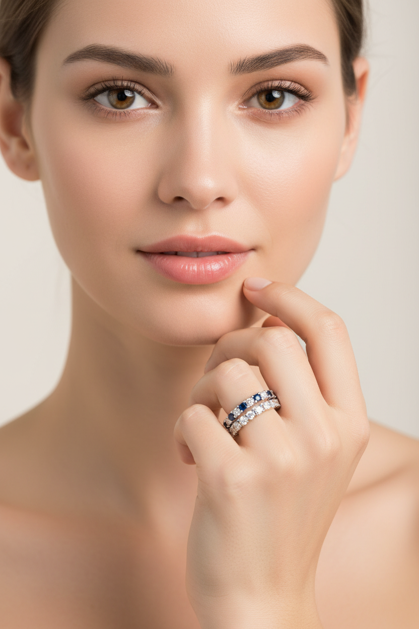 14k Diamond Sapphire Eternity Band – Model Lifestyle