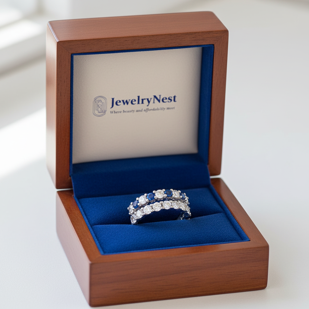 14k Diamond Sapphire Eternity Band – Royal Blue Box with Logo