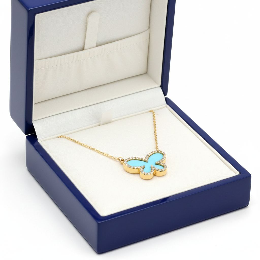 14k Diamond Turquoise Butterfly Necklace in Royal Blue Wooden Box