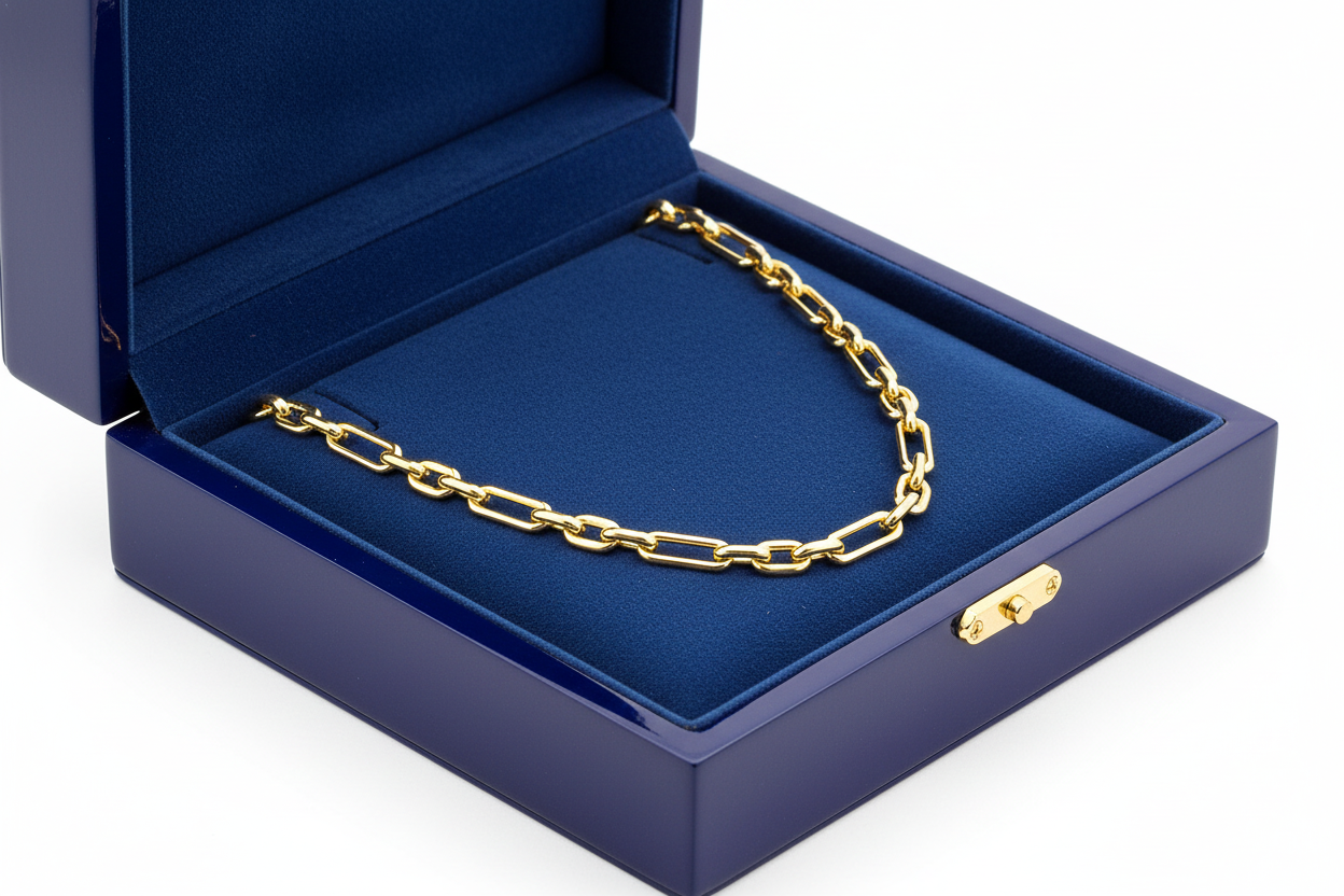 14K Gold Alternating Paperclip Links Chain in Royal Blue Wooden Box