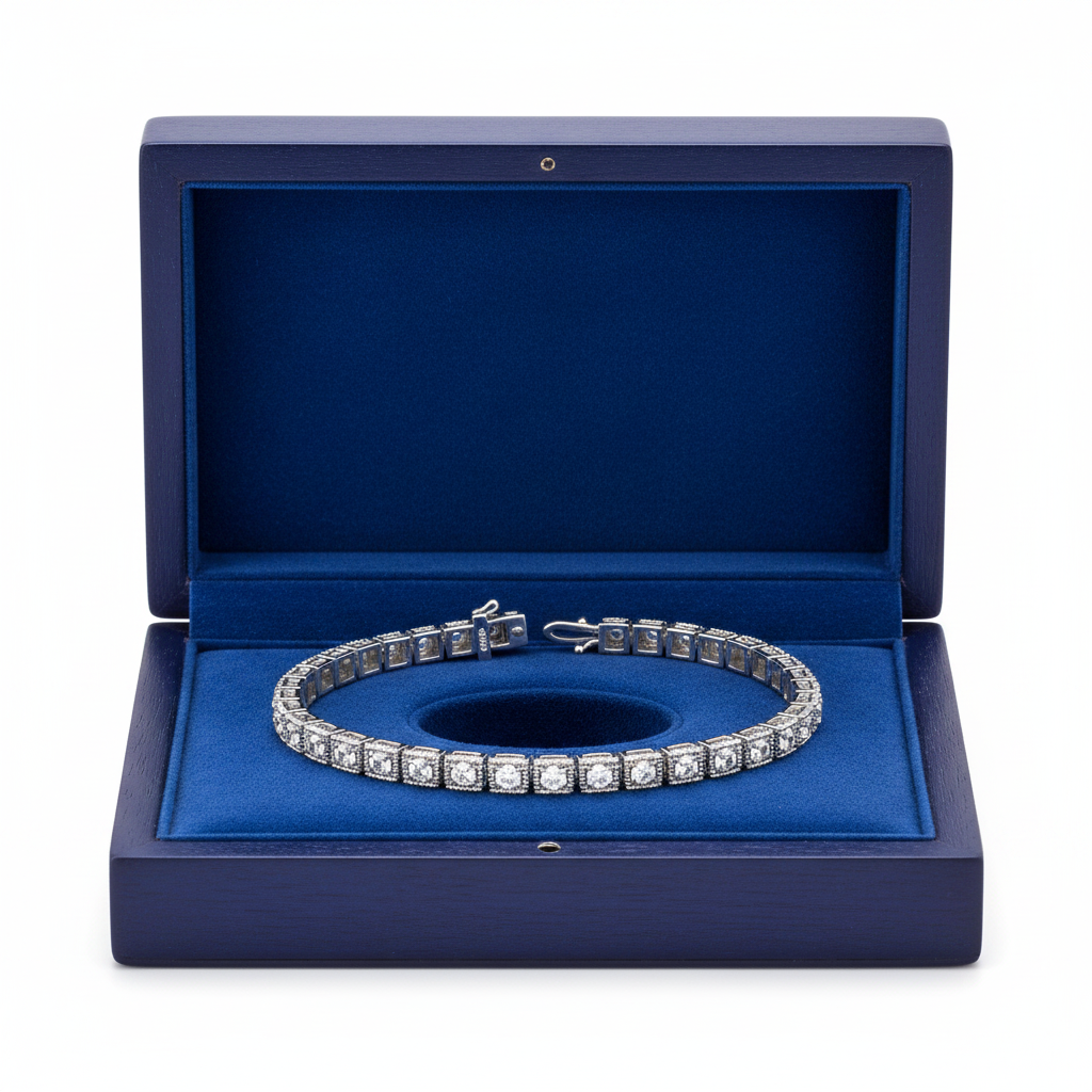 14k gold antique look diamond tennis bracelet with 2.0 cts tw, displayed in a royal blue box, showcasing elegant jewelry design.