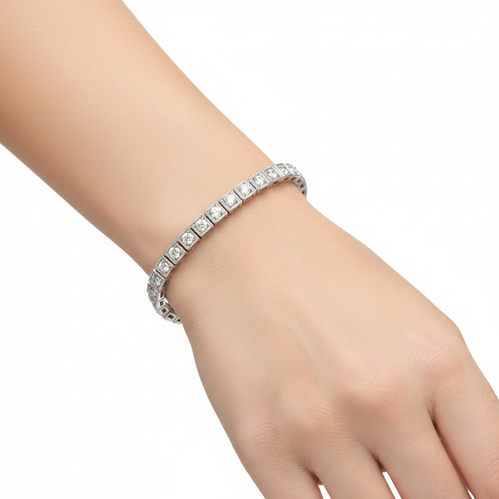 14k gold antique look diamond tennis bracelet with 2.0 cts tw, worn on a model showcasing elegant jewelry design.
