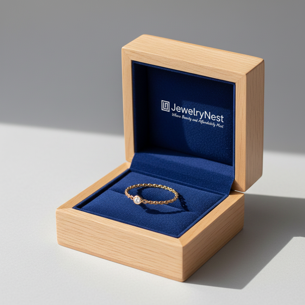 14k Gold Bezel Diamond Chain Ring – Royal Blue Wooden Box with JewelryNest Logo