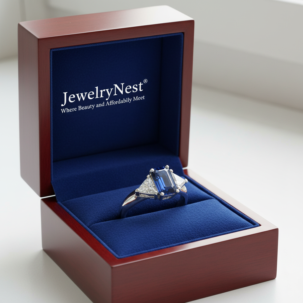 14k Gold Blue Sapphire Trillion Diamond Ring – Royal Blue Wooden Box with JewelryNest Logo