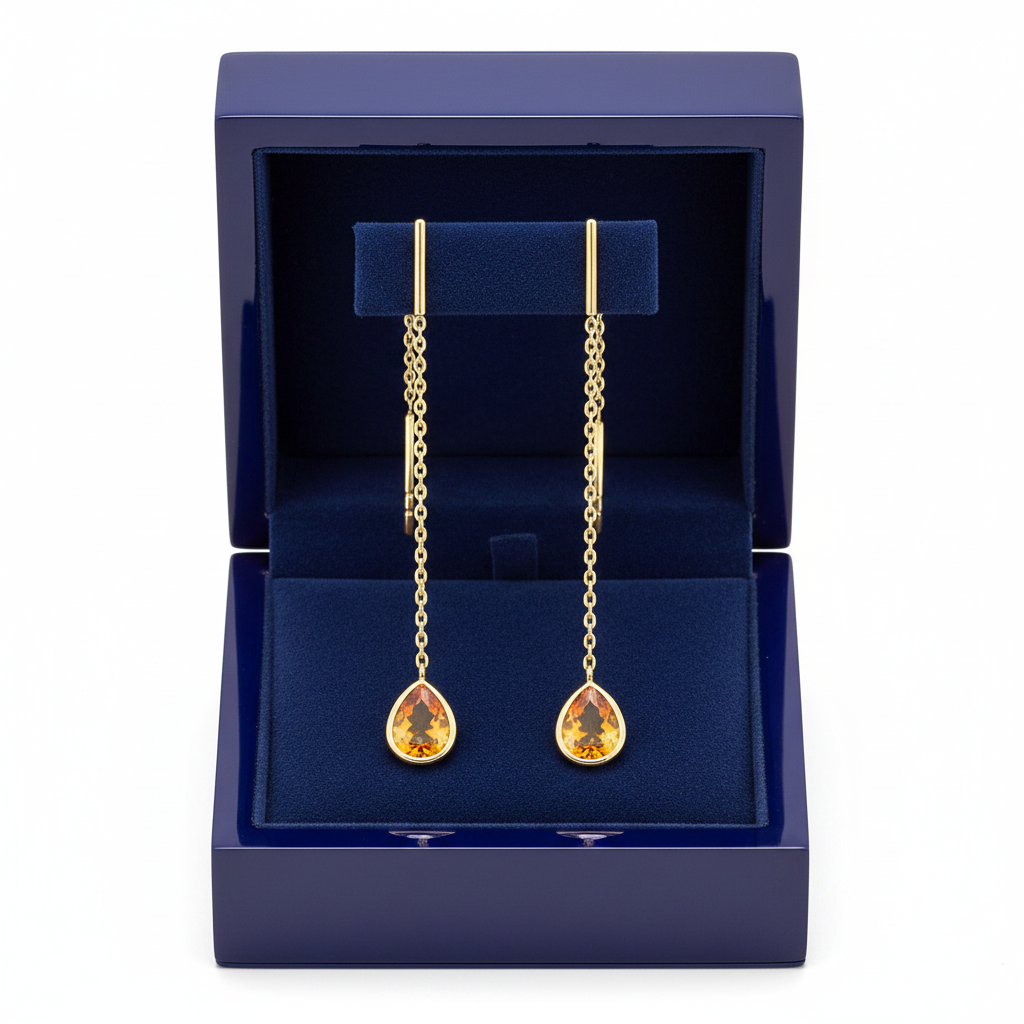 14K Gold Citrine Earrings Full Face in Royal Blue Box
