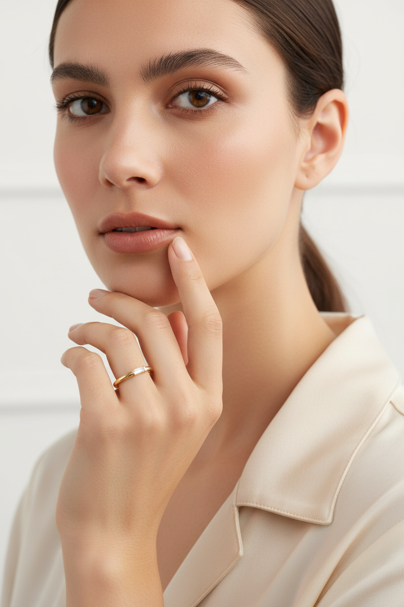 14k Gold Diamond Baguette Stackable Ring on Full Face Model