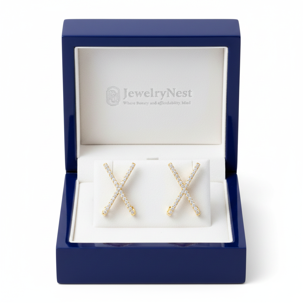 14k Gold Diamond Criss Cross Earrings in JewelryNest Royal Blue Box