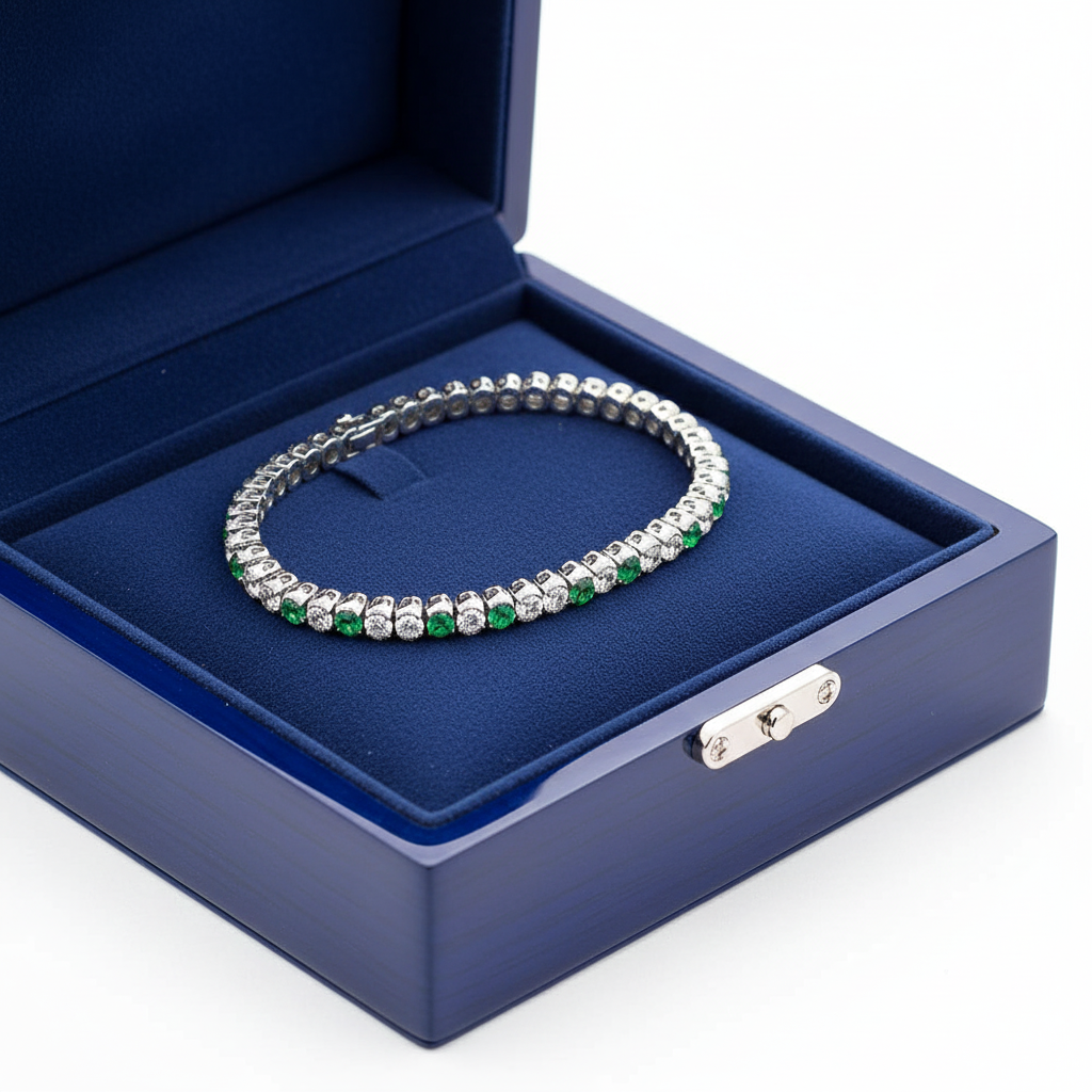 14k gold round diamond and emerald tennis bracelet with 3.86 carats total weight, displayed in a royal blue jewelry box.
