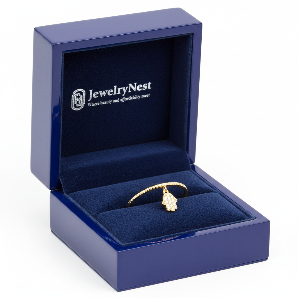 14k Gold Diamond Hamsa Dangle Ring in JewelryNest Royal Blue Box