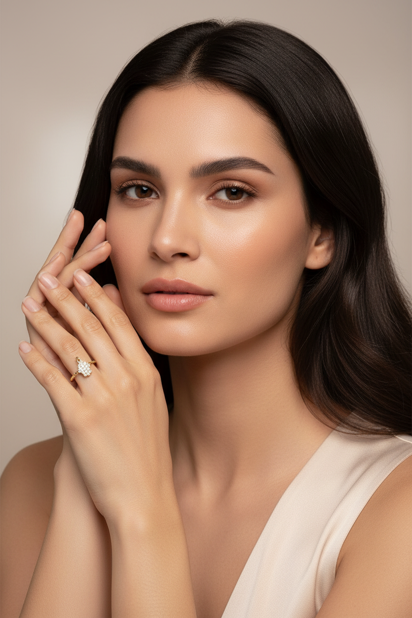 14k Gold Diamond Hamsa Dangle Ring on Full Face Model