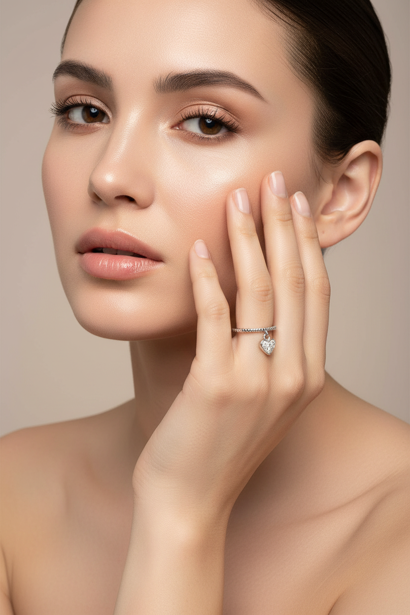 14k Gold Diamond Heart Dangle Ring on Full Face Model