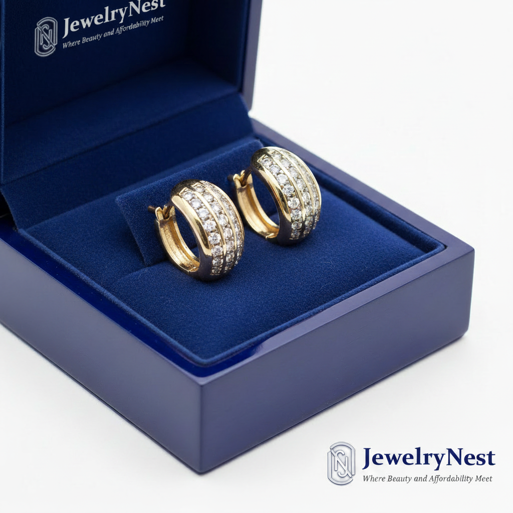 14k Gold Diamond Huggie Earrings in JewelryNest Royal Blue Box