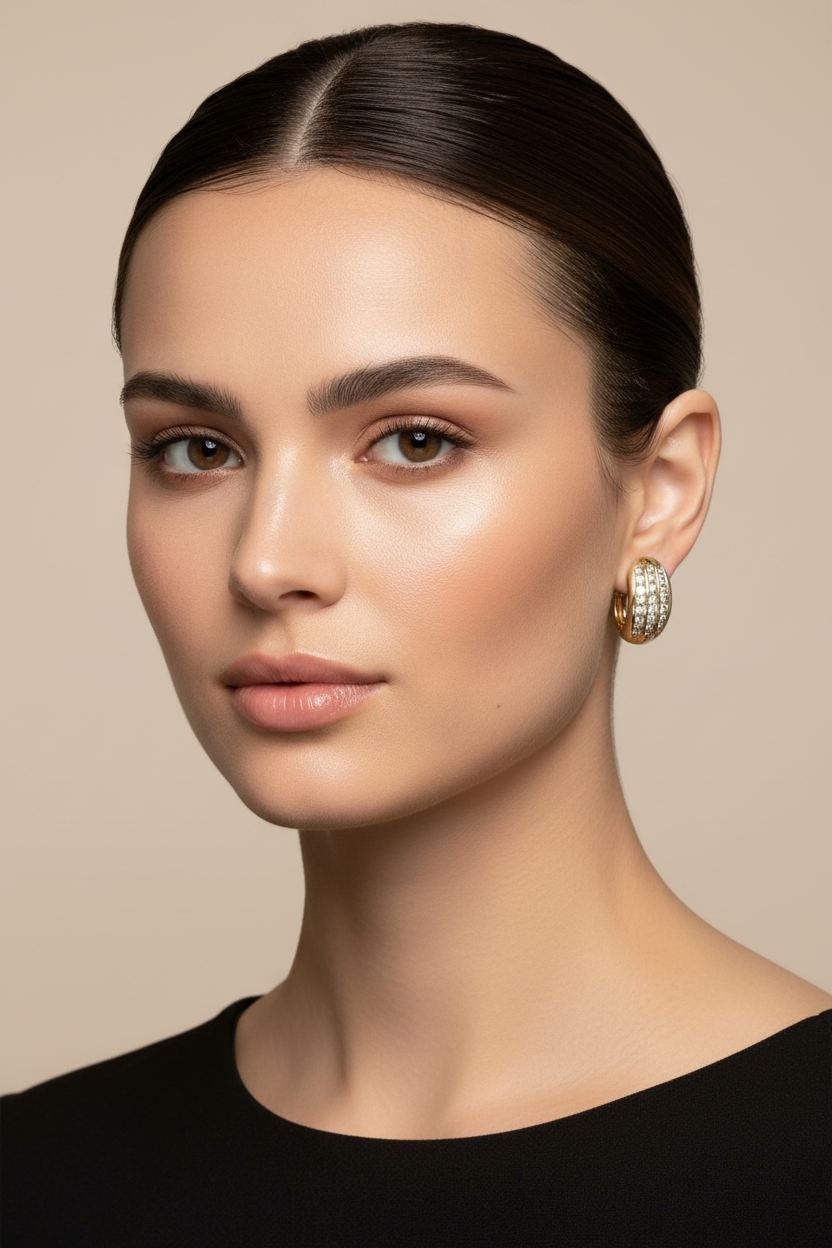 14k Gold Diamond Huggie Earrings on Full Face Model