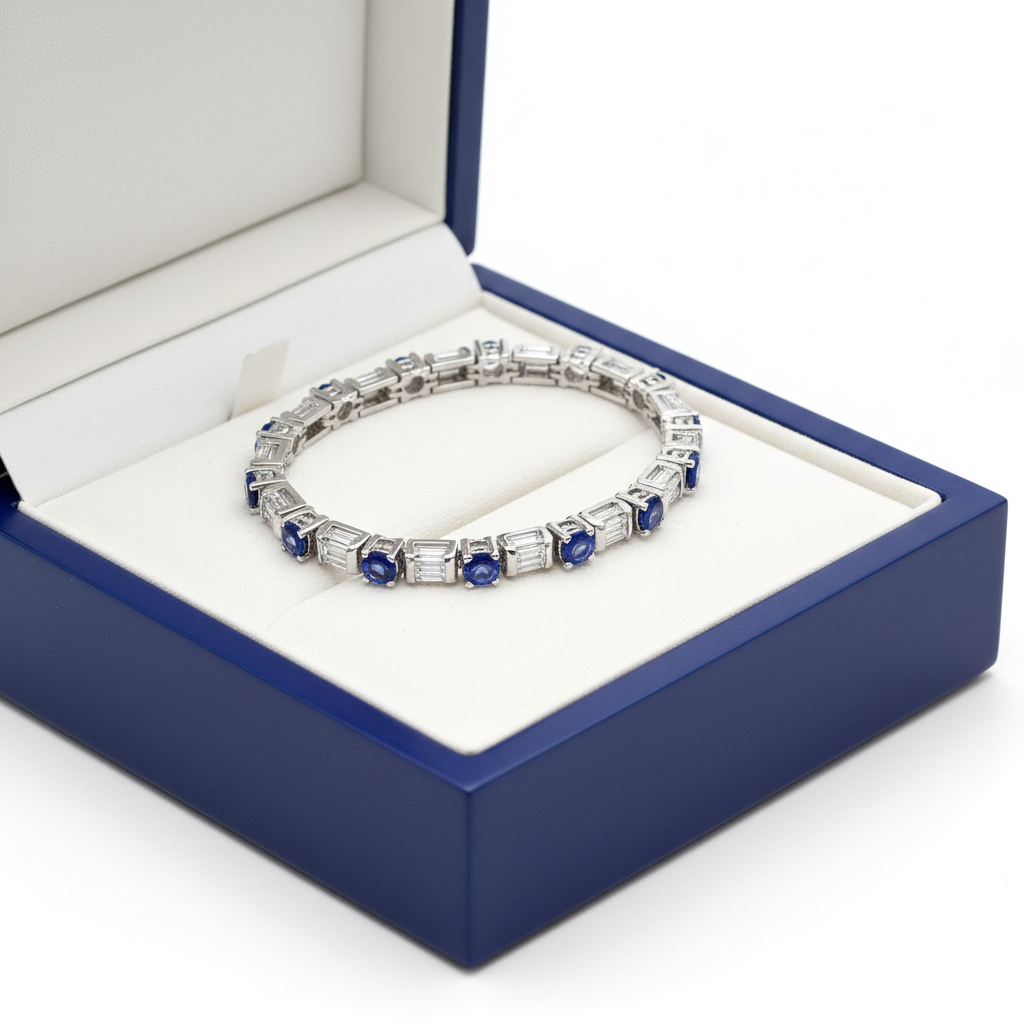 14k Gold Diamond Sapphire Baguette Bracelet in Royal Blue Wooden Box