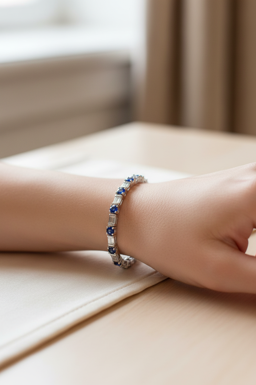 14k Gold Diamond Sapphire Baguette Bracelet on Model