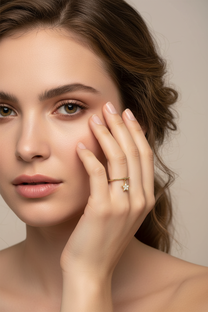 14k Gold Diamond Star Dangle Ring on Full Face Model