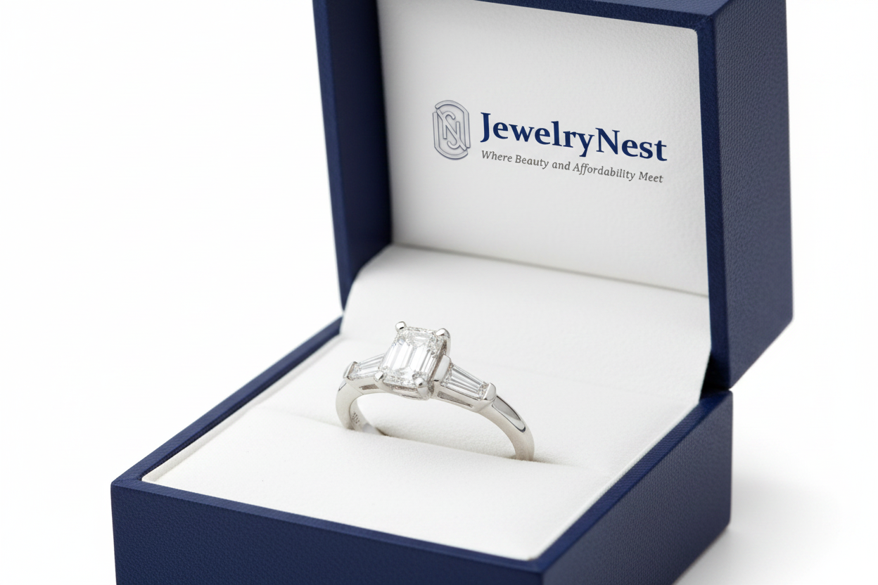 14k Gold Emerald Baguette Diamond Ring in JewelryNest Gift Box