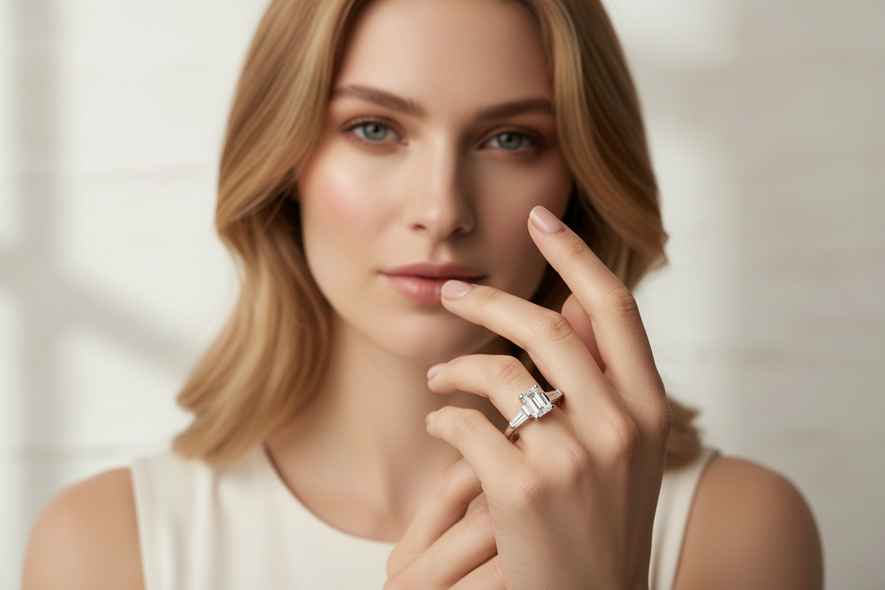 14k Gold Emerald Baguette Diamond Ring on Model