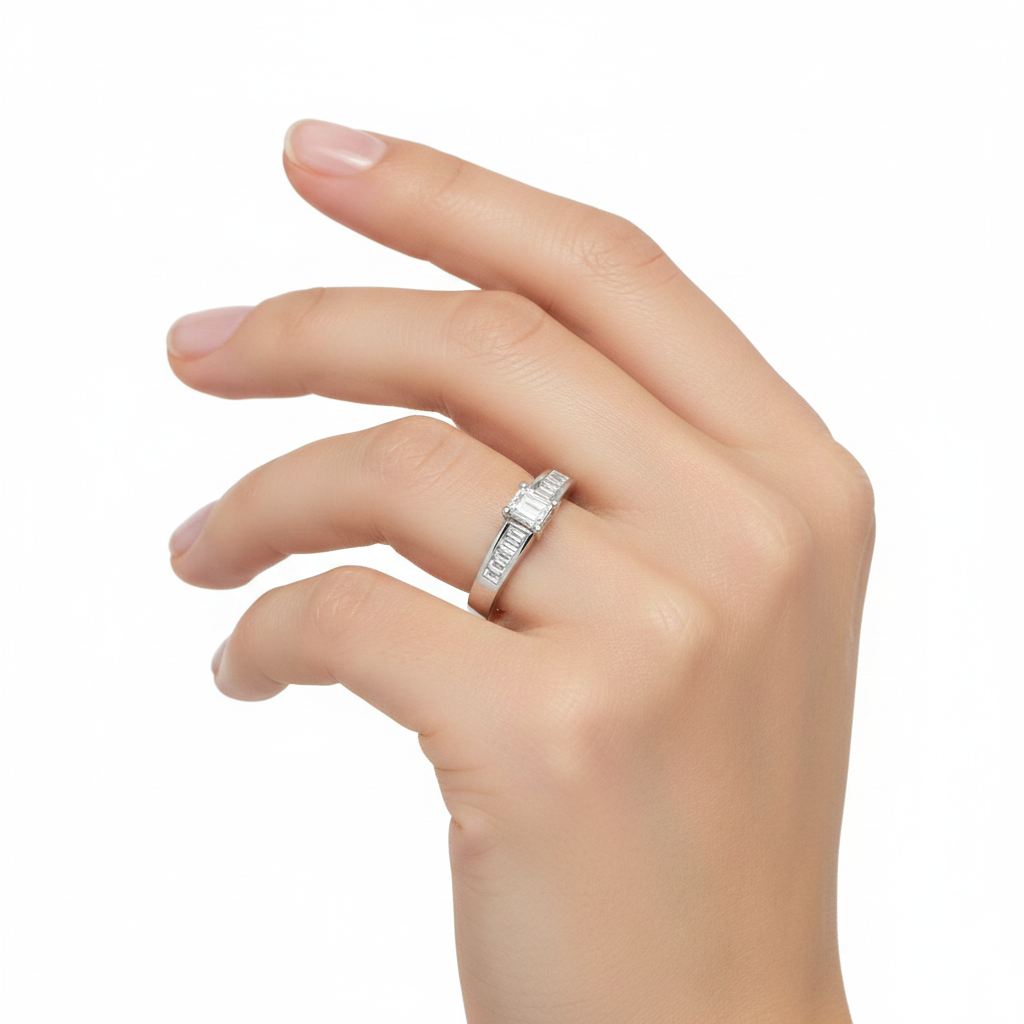 14k Gold Emerald Cut Diamond Ring on Model's Hand