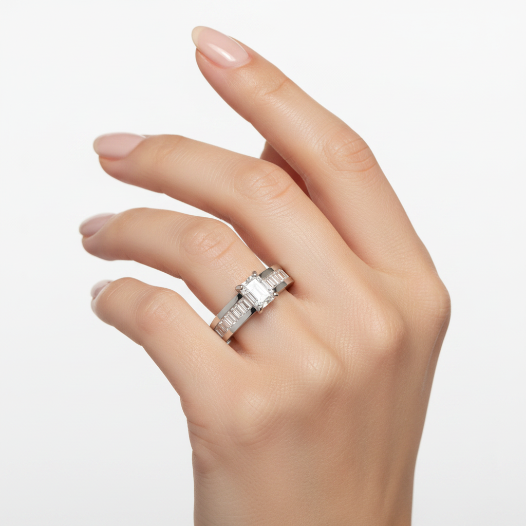 14k Gold Emerald Cut Diamond Ring on Model's Hand