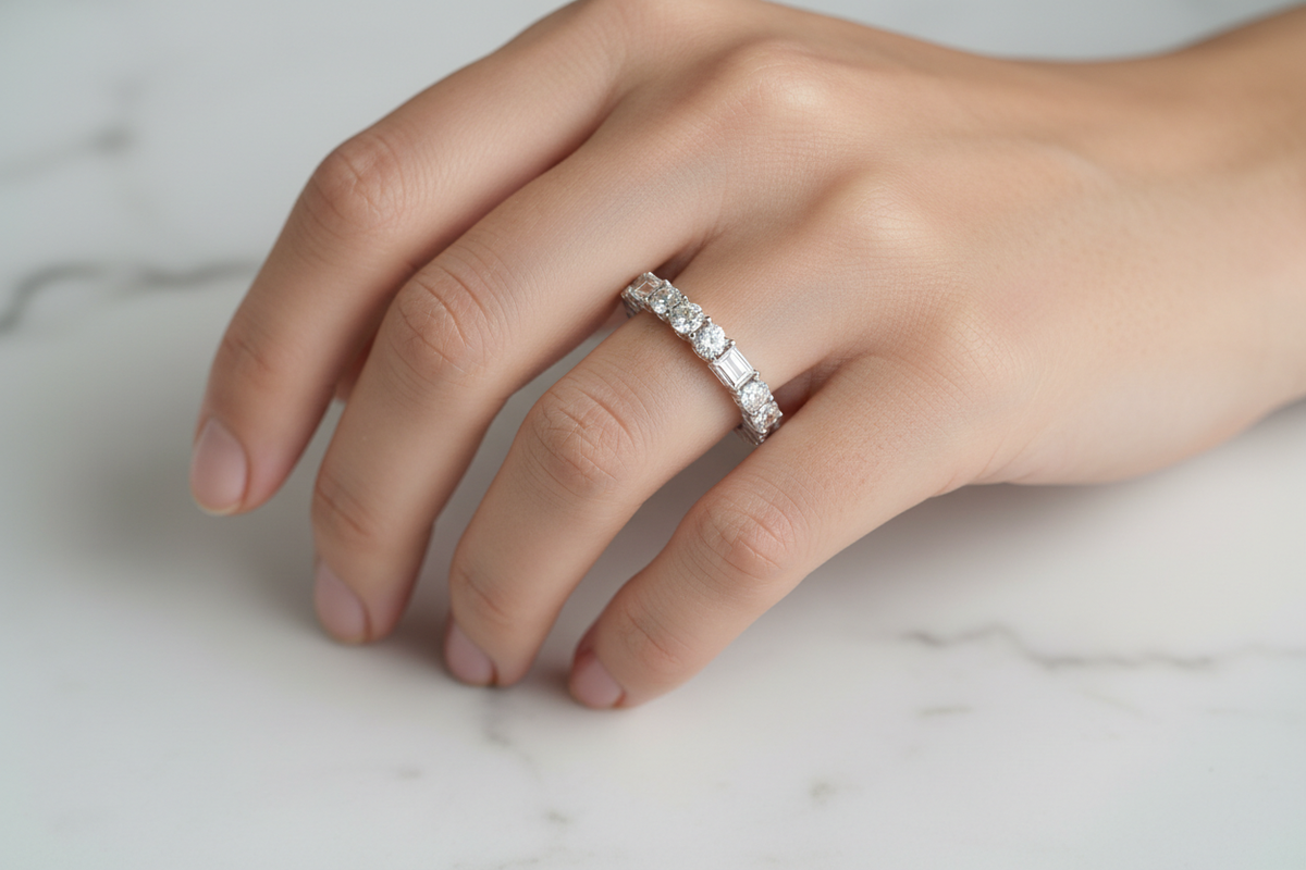 14k Gold Emerald-Round Diamond Eternity Band on Model