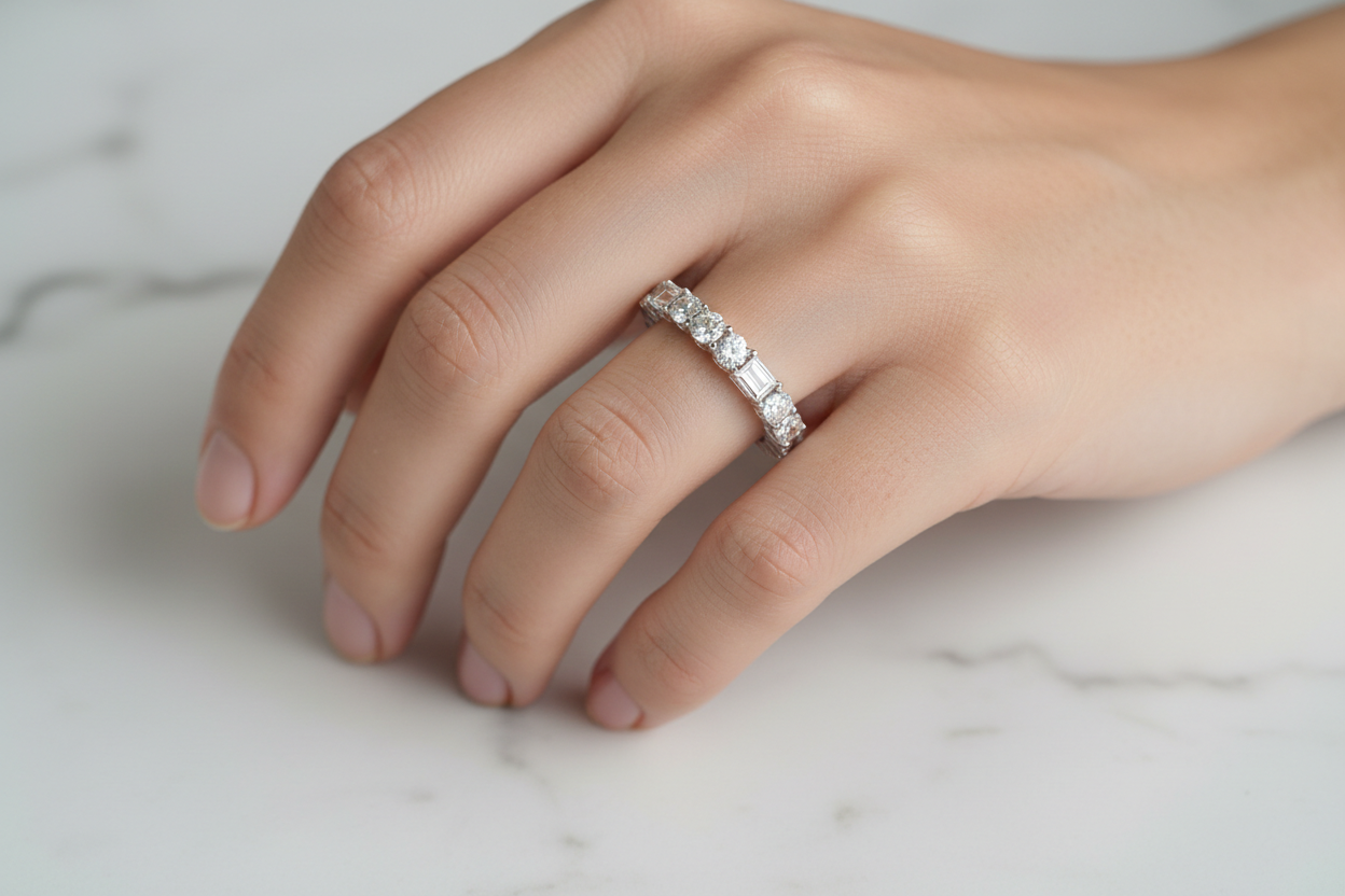 14k Gold Emerald-Round Diamond Eternity Band on Model