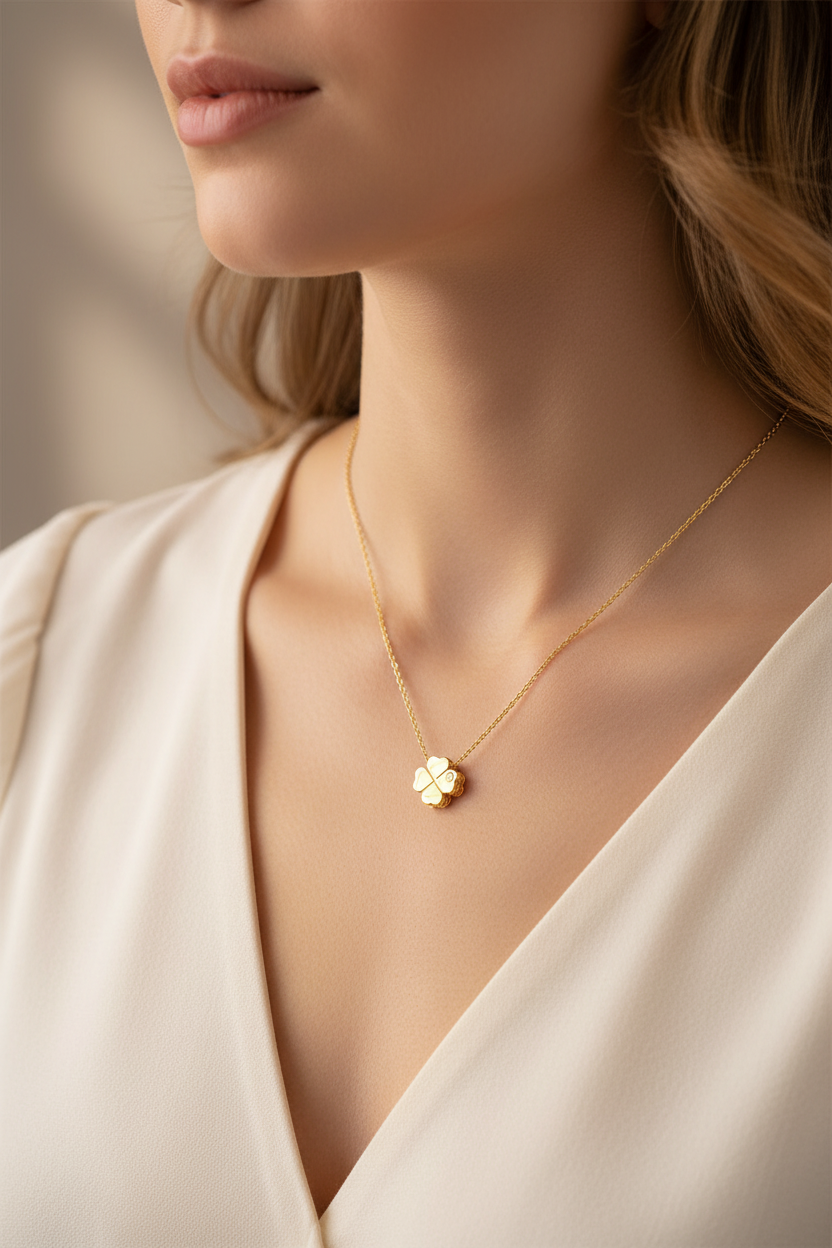 14k Gold Four-Leaf Clover Diamond Necklace on Model