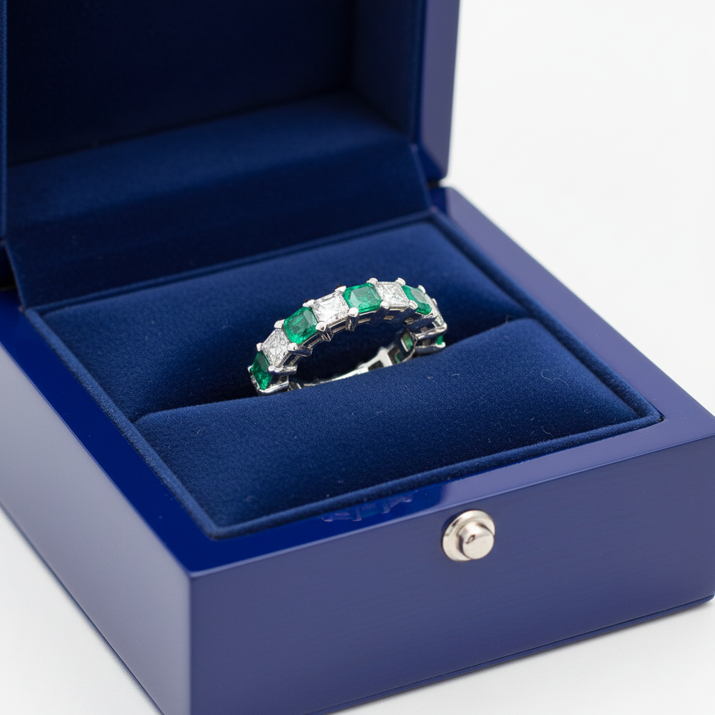 14k gold green emerald diamond eternity wedding band with 3.57 carats total, showcased in a royal blue box.