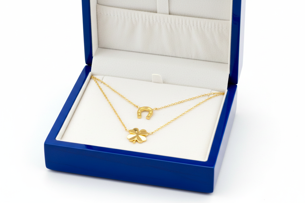 14K Gold Horseshoe & Irish Clover Necklace in Royal Blue Wooden Box