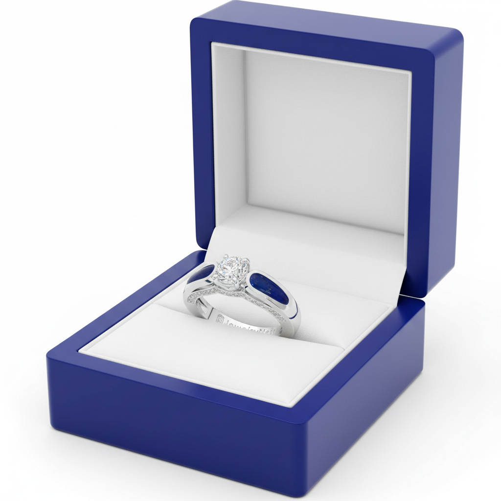 14k Gold Lab-Grown Diamond Lapis Engagement Ring in Royal Blue Wooden Box