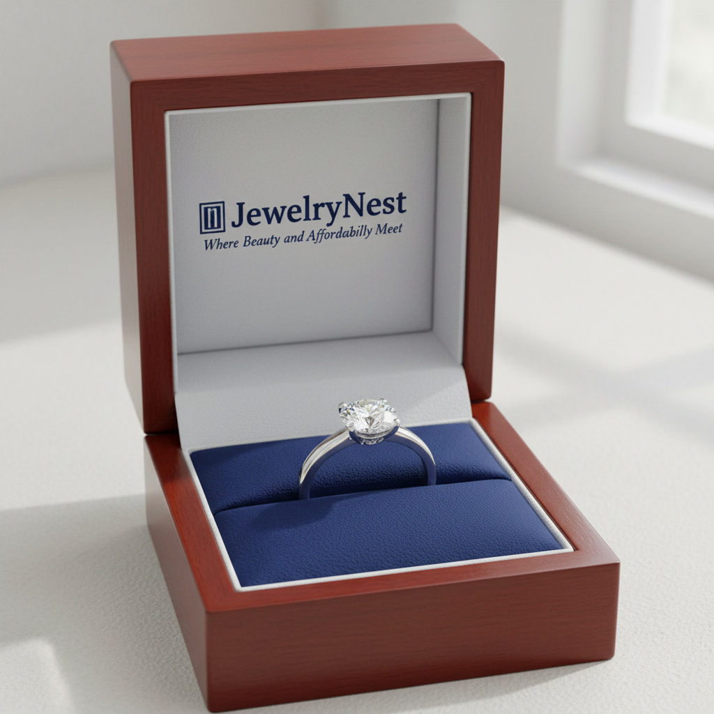 14k Gold Lab-Grown Diamond Solitaire Band – Royal Blue Wooden Box with JewelryNest Logo