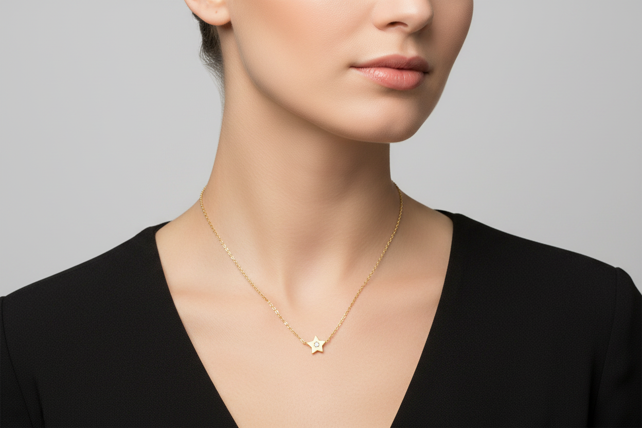 14k Gold Mini Star Diamond Necklace on Model