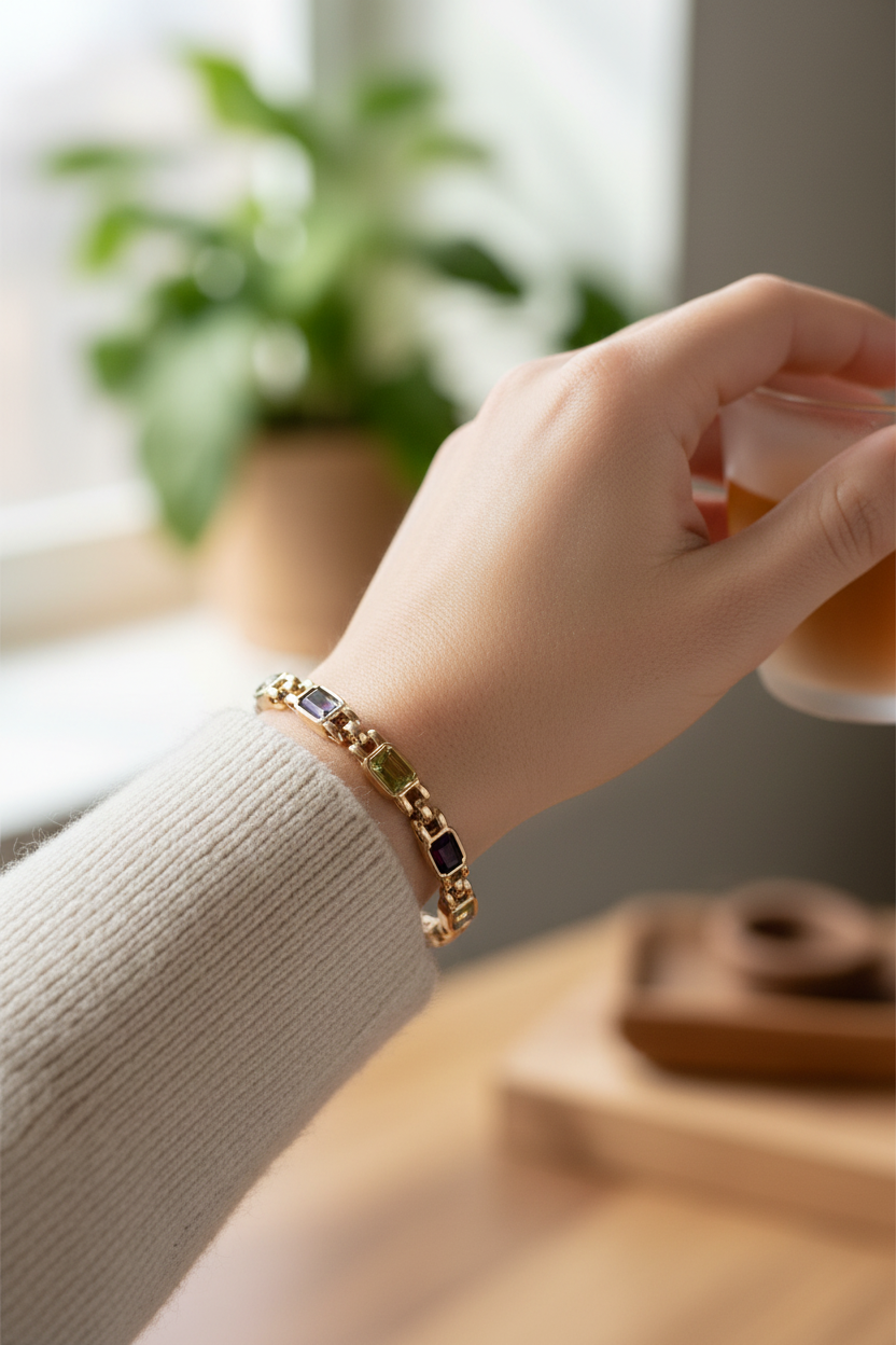 14k Gold Multi Color Emerald Cut Bracelet on Model