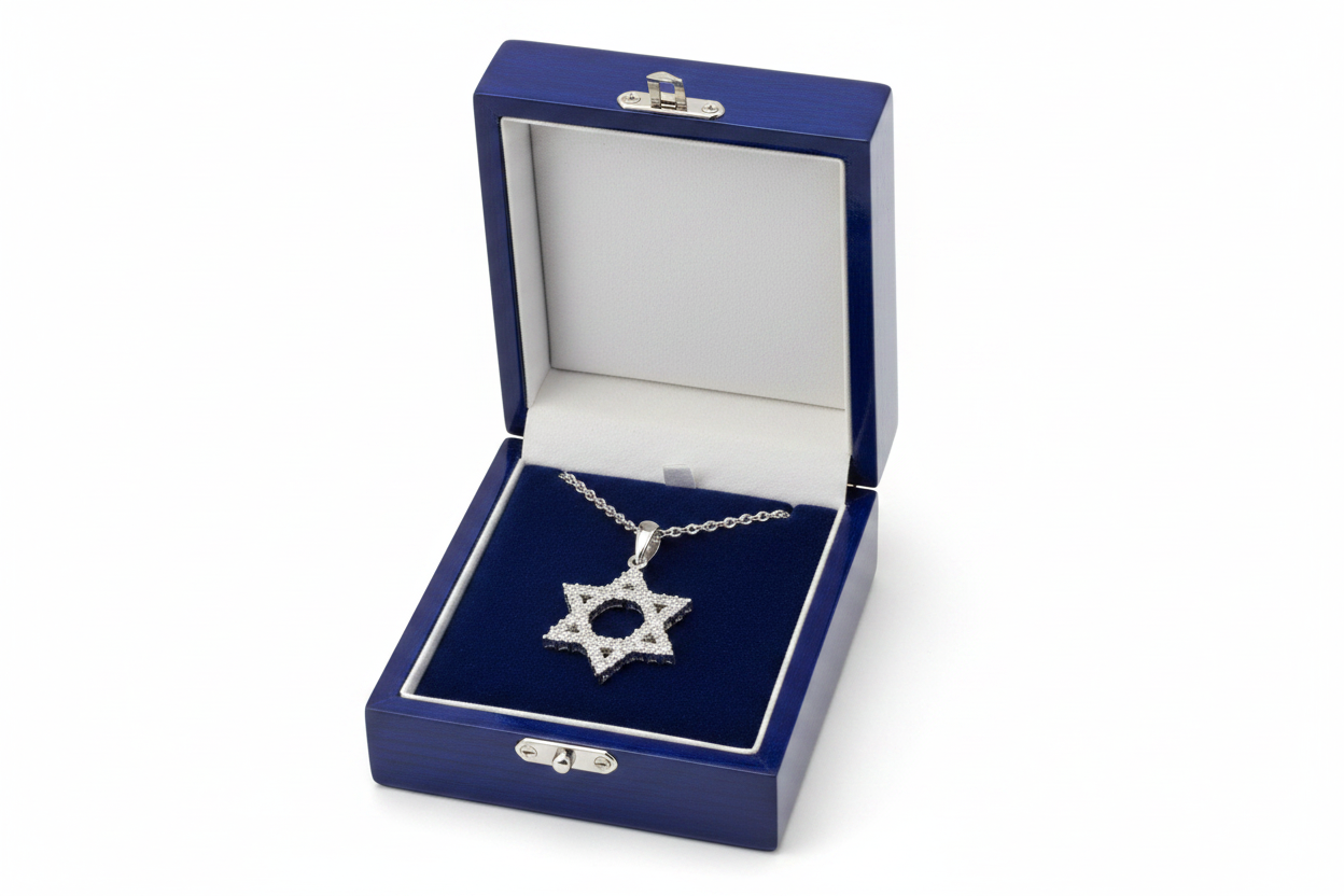 14k Gold Open Star of David Diamond Necklace in Royal Blue Wooden Box