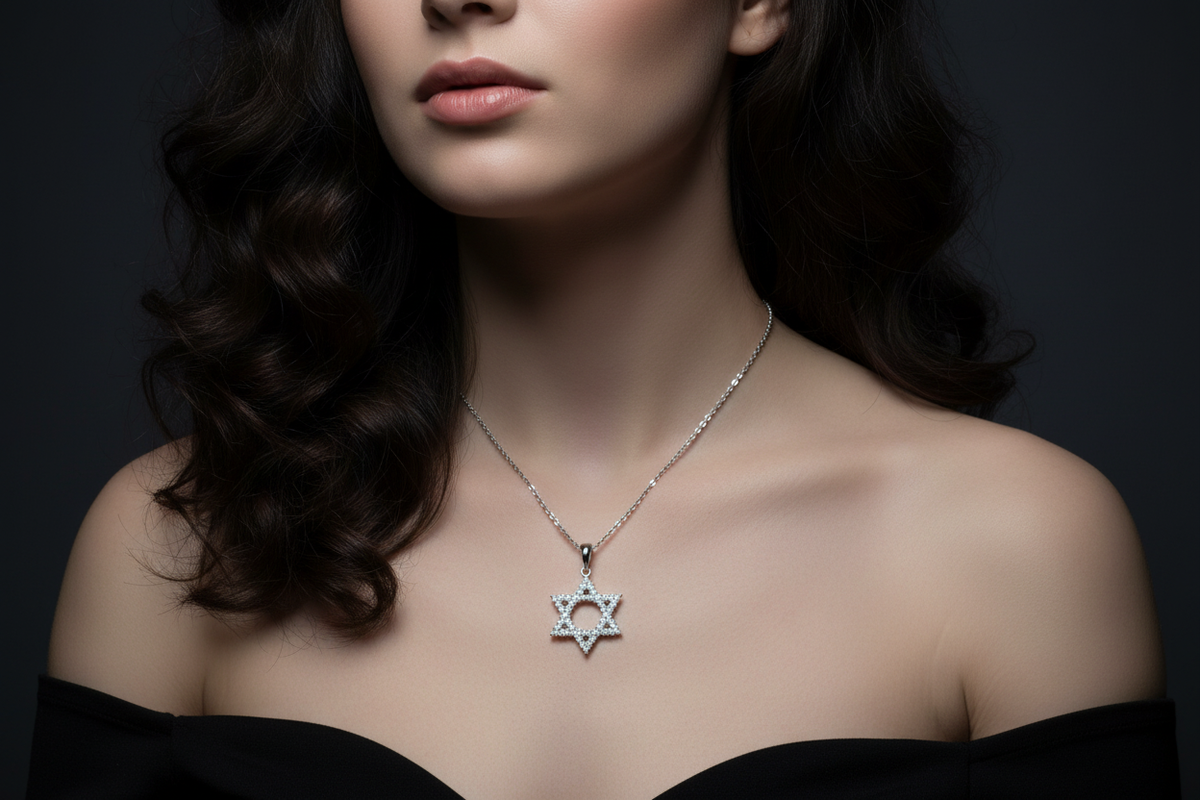 14k Gold Open Star of David Diamond Necklace on Model