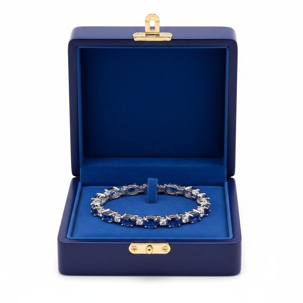 14k Gold Oval Blue Sapphire Diamond Bracelet in box