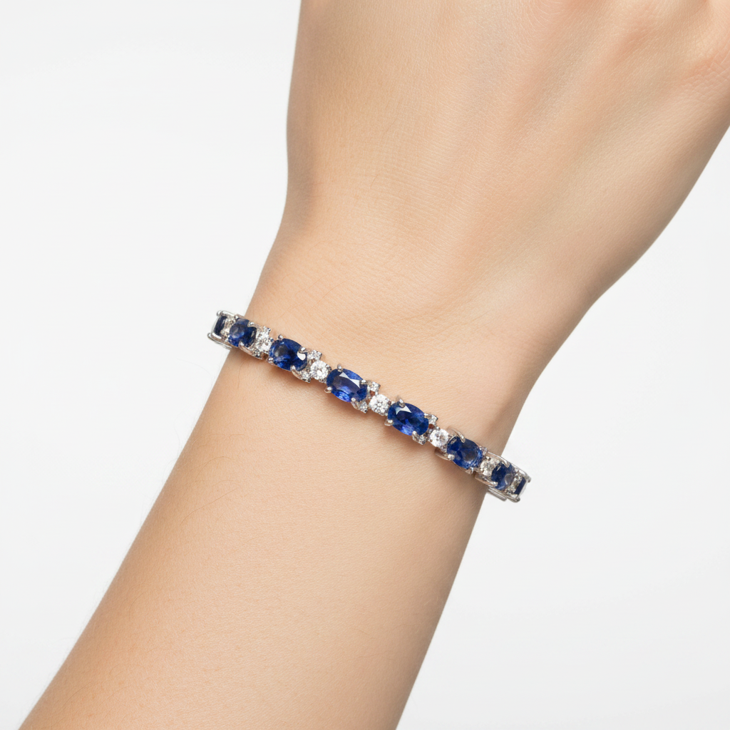 14k Gold Oval Blue Sapphire Diamond Bracelet on model