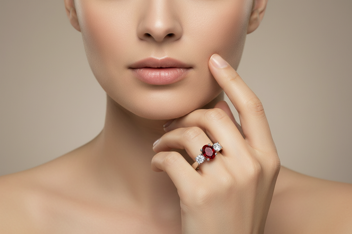 14k Gold Oval Garnet & Diamond Ring on Full Face Model