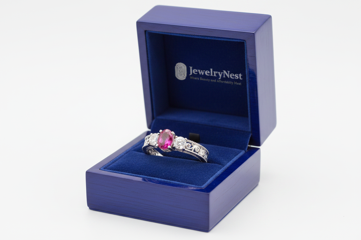 14k Gold Oval Ruby & Diamond Ring in Royal Blue Box with JewelryNest Logo