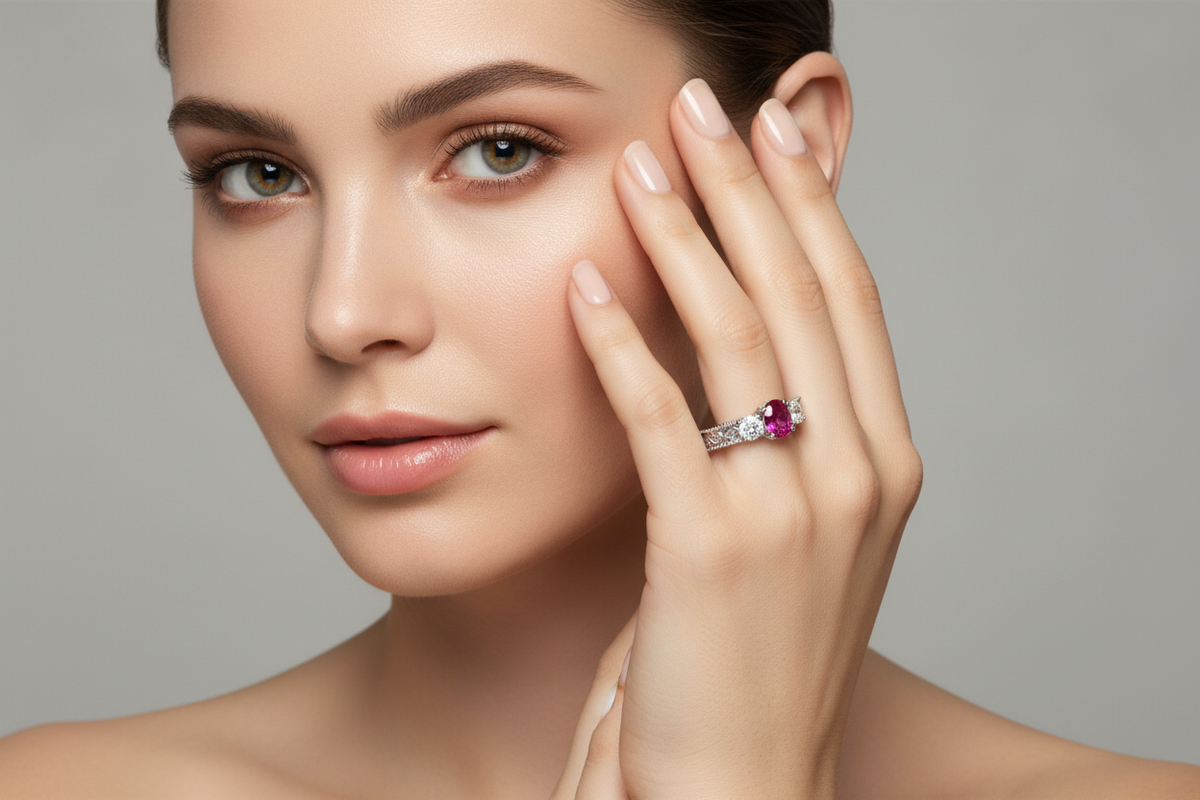 14k Gold Oval Ruby & Diamond Ring on Full Face Model