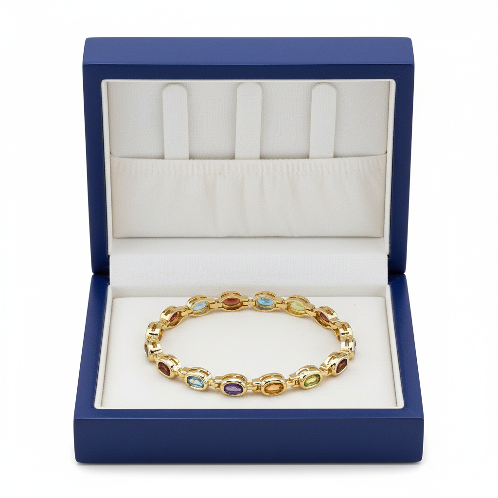 14k Gold Oval Semi Precious Bracelet in Royal Blue Wooden Box