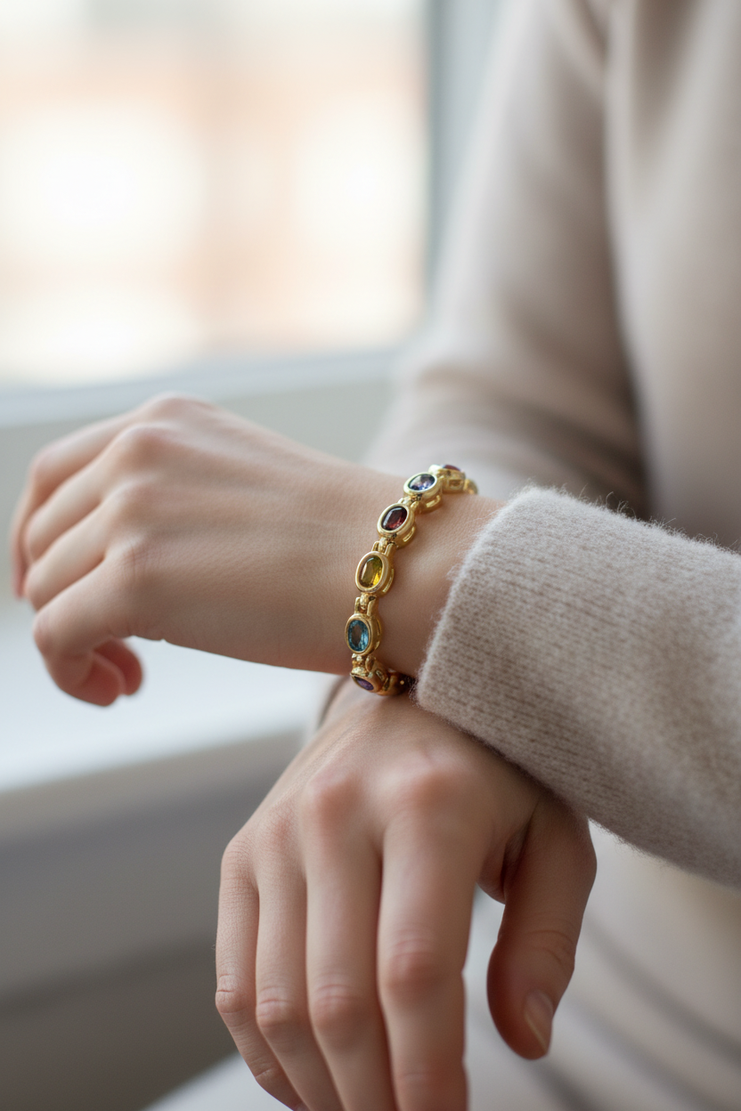14k Gold Oval Semi Precious Bracelet on Hand