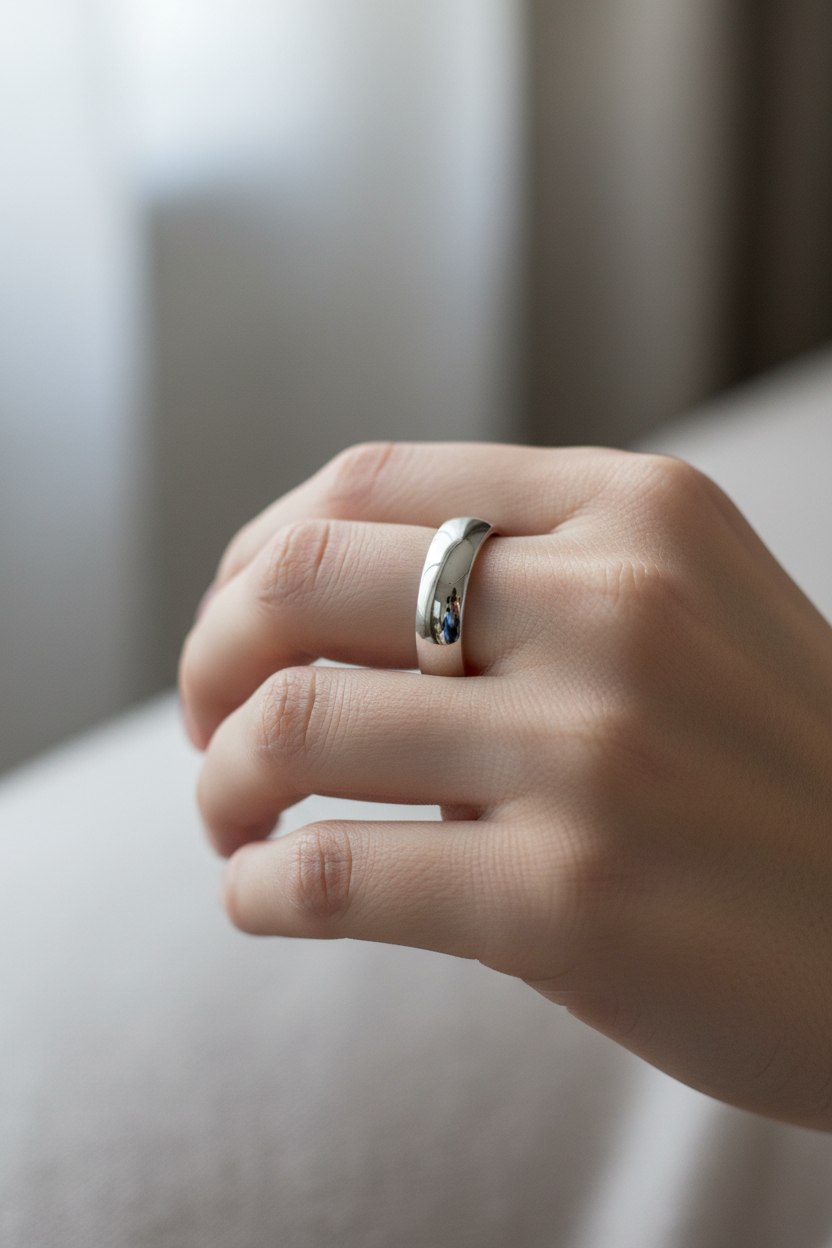 14k Gold Plain Low Dome Comfort Fit Wedding Band on Model