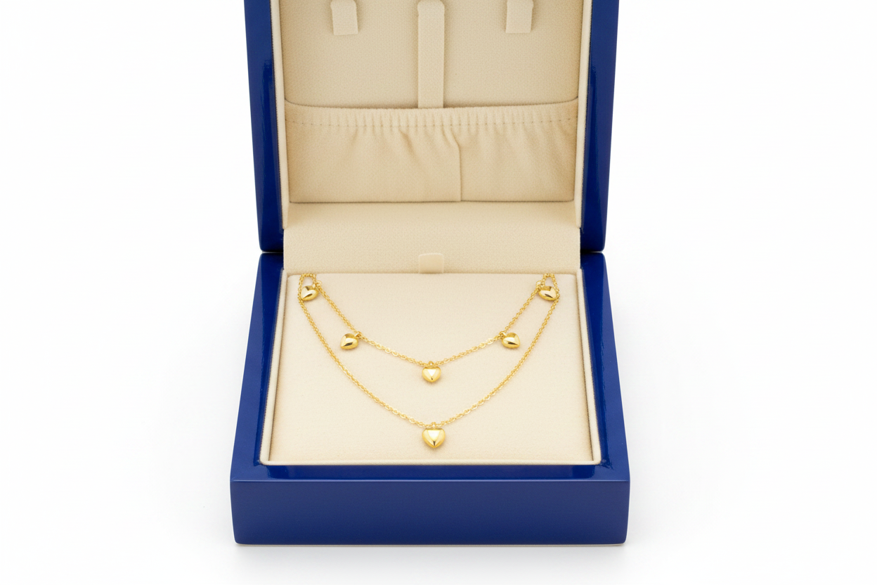 14K Gold Puffed Heart Multi-Strand Necklace in Royal Blue Wooden Box