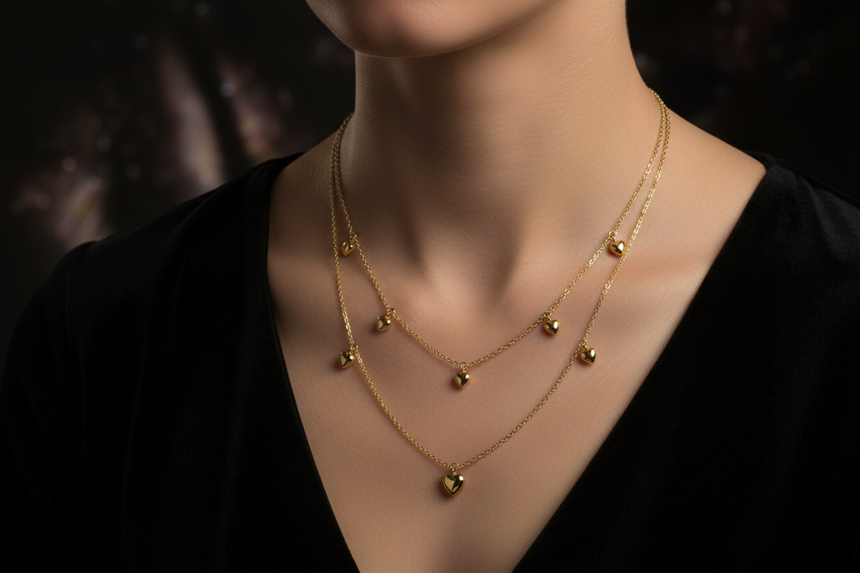 14K Gold Puffed Heart Multi-Strand Necklace on Model