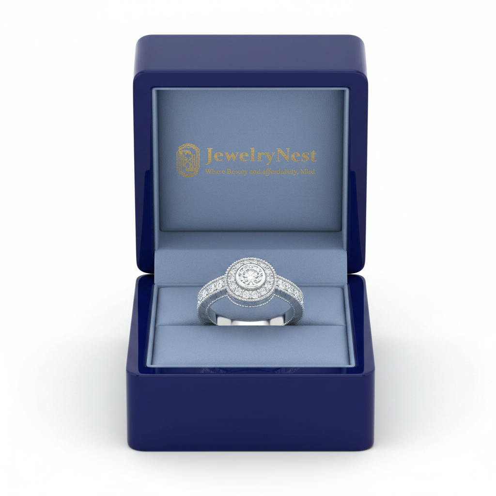 14K Gold Round Diamond Milgrain Halo Ring in Royal Blue JewelryNest Box
