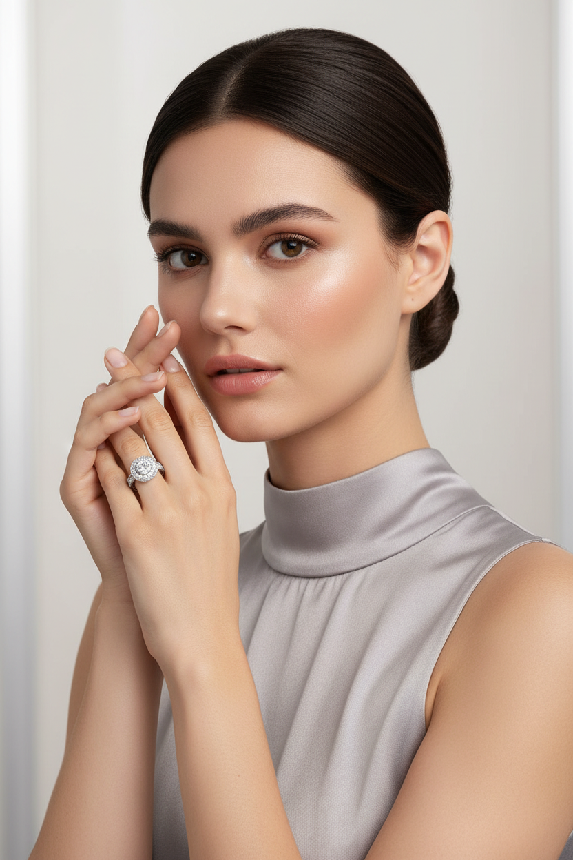 14K Gold Round Diamond Milgrain Halo Ring on Full Face Model